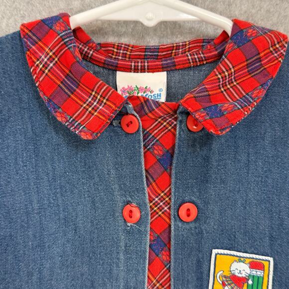 Vintage Oshkosh B'Gosh Denim Dress Size 3T Plaid School Cat Crayon Country - Picture 5 of 16